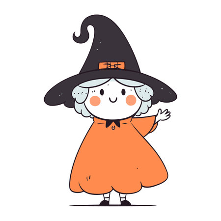 Cute little witch in a hat and cloak. Vector illustration.のイラスト素材