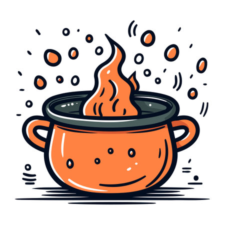 Cooking pot with fire. Vector illustration in doodle style.のイラスト素材