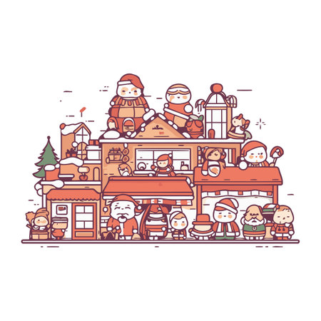 Vector illustration of Santa Claus and children in front of a shop.のイラスト素材