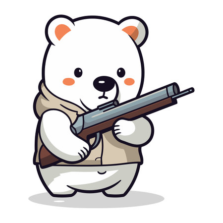 Polar bear with rifle character cartoon vector illustration. Cute polar bear with gun.のイラスト素材