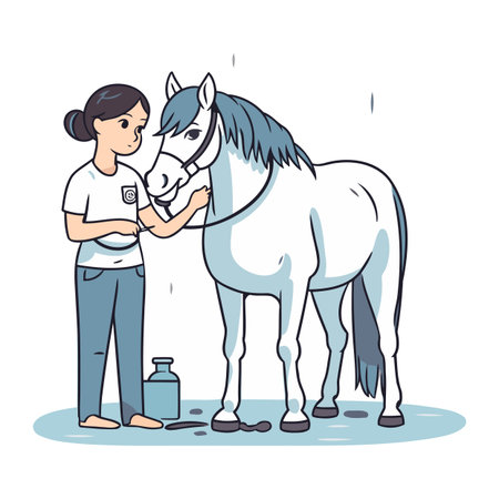 Vector illustration of a girl and a white horse on a white background.のイラスト素材