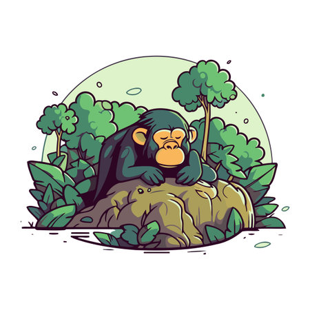Monkey sitting on a rock in the jungle. Vector illustration.のイラスト素材