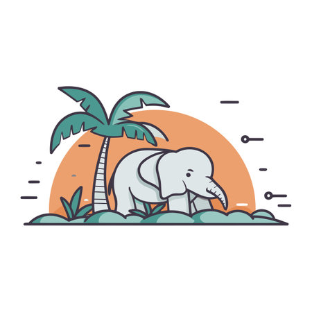 Vector illustration of an elephant on the beach. Flat style design.のイラスト素材