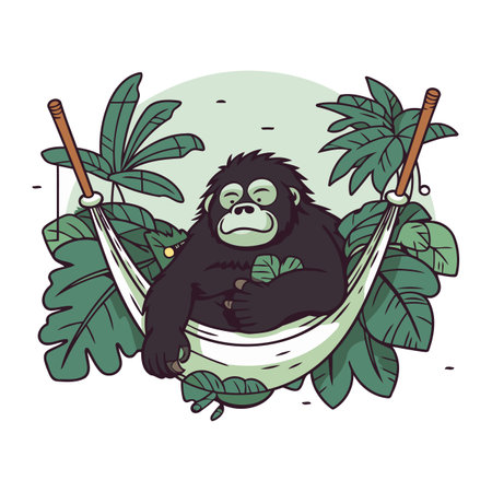 Gorilla in a hammock with palm leaves. Vector illustration.のイラスト素材