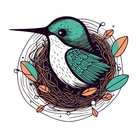 Hand drawn vector illustration of a hummingbird in a nest with leaves.のイラスト素材