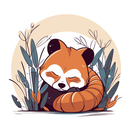 Cute red panda with pumpkin. Vector illustration in cartoon style.のイラスト素材