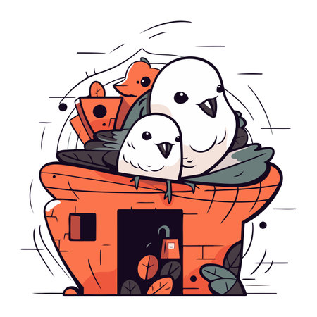 Vector illustration of a couple of pigeons in a doghouse.のイラスト素材