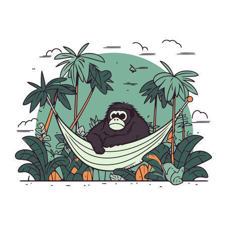 Gorilla in a hammock in the jungle. Vector illustration.のイラスト素材