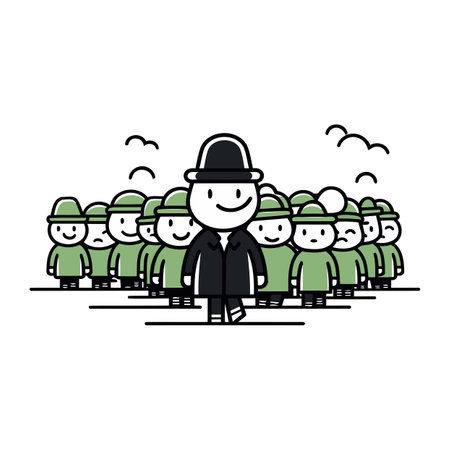 Illustration of a man in a hat standing in a crowd.のイラスト素材