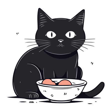 Cute black cat with eggs in a bowl. Vector illustration.のイラスト素材