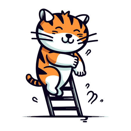 Cute little cat sitting on the ladder. Vector cartoon illustration.のイラスト素材