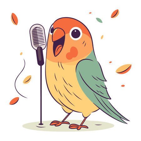 Cute parrot singing with microphone. Vector illustration in cartoon style.のイラスト素材