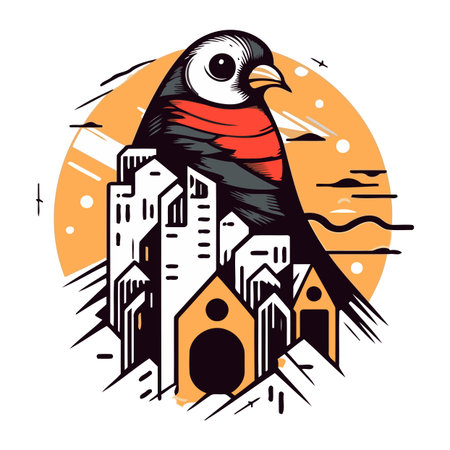 Vector illustration of a bird on the background of the city in the form of housesのイラスト素材