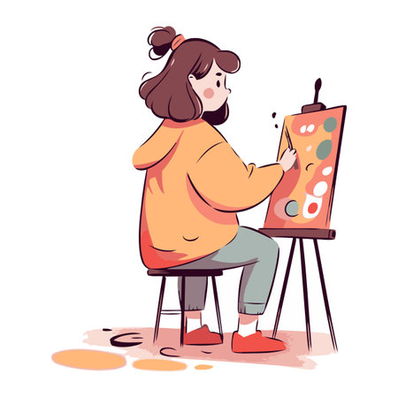 Girl painting a picture on easel. Vector illustration in cartoon styleのイラスト素材