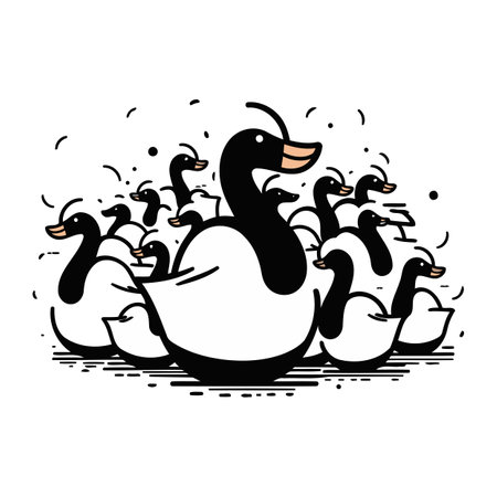 Black and white illustration of a swan with a flock of ducksのイラスト素材