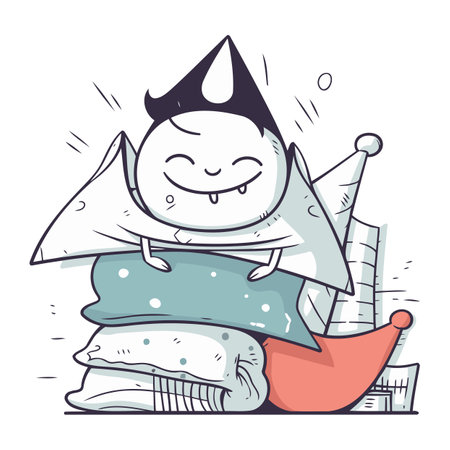 Vector illustration of a cute cartoon cat in a party hat sitting on a pile of pillows.のイラスト素材