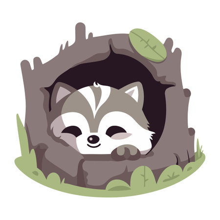 Cute raccoon in a hole. Vector illustration of a wild animal.のイラスト素材