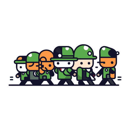 Cartoon soldiers line art vector illustration. Group of soldiers in uniform and helmets.のイラスト素材