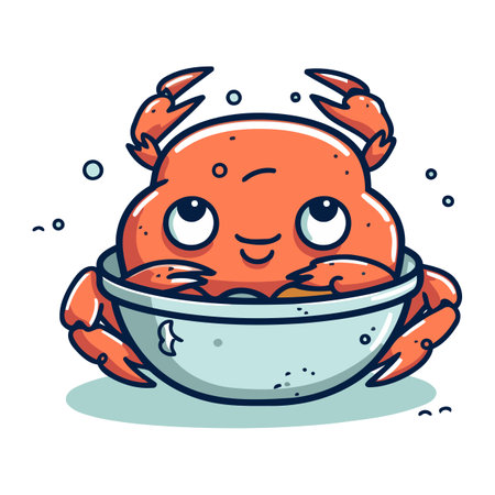 Crab in bowl. Cute cartoon character. Vector illustration.のイラスト素材