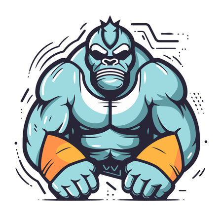 Mascot Illustration of a strong gorilla mascot with an orange and blue backgroundのイラスト素材