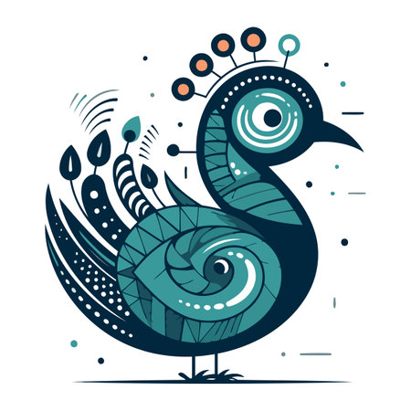 Vector illustration of peacock on white background. Hand drawn bird.のイラスト素材