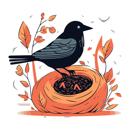 Hand drawn vector illustration of a black crow sitting on a nest.のイラスト素材