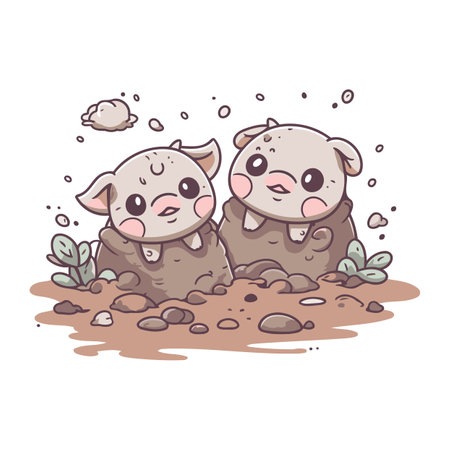 Cute pig and piggy in the mud. Vector illustration.のイラスト素材