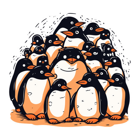 Cute penguins. Hand drawn vector illustration in cartoon style.のイラスト素材