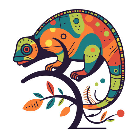 Colorful chameleon on a tree. Colored vector illustration.のイラスト素材