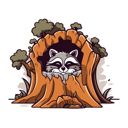 Raccoon in the hollow of a tree. Vector illustration.のイラスト素材