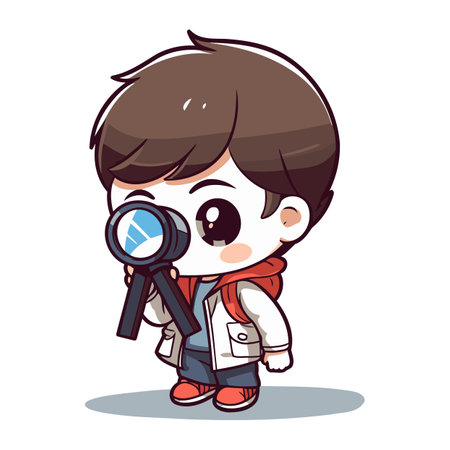 Cute boy holding a magnifying glass cartoon character vector illustration.のイラスト素材