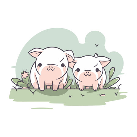 Vector illustration of two cute little pigs in the grass. Cute cartoon animals.のイラスト素材