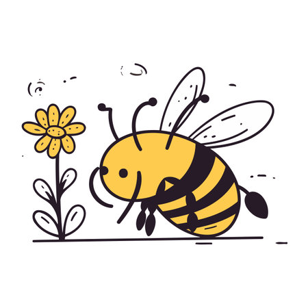 Bee with flower. Vector illustration in doodle style. Isolated on white background.のイラスト素材