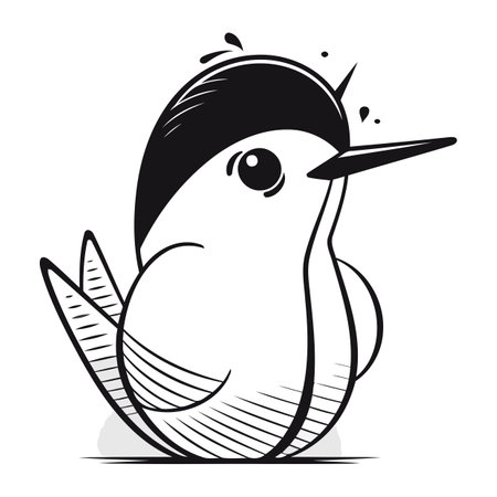 Black and white vector illustration of a bird sitting on a branch.のイラスト素材