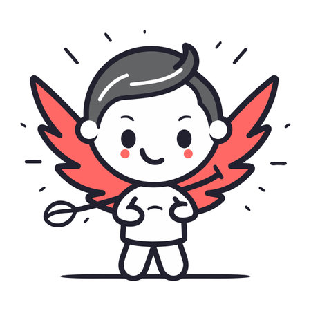 Cute little boy with angel wings. Vector line art illustration.のイラスト素材
