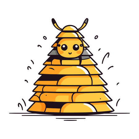 Cute cartoon bee on stack of golden coins. Vector illustration.のイラスト素材