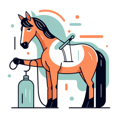 Vector illustration of a horse with a leash and hand sanitizer.のイラスト素材