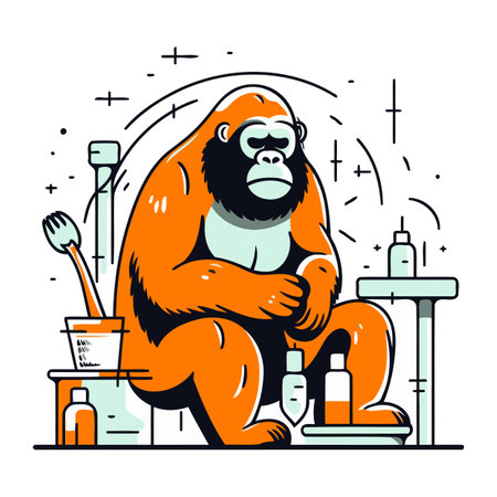 Gorilla sitting on toilet. Vector illustration in flat style.のイラスト素材