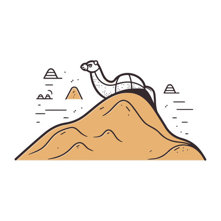Camel on the top of the mountain. Vector illustration in linear styleのイラスト素材