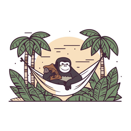 cute monkey in hammock with palm trees vector illustration graphic designのイラスト素材