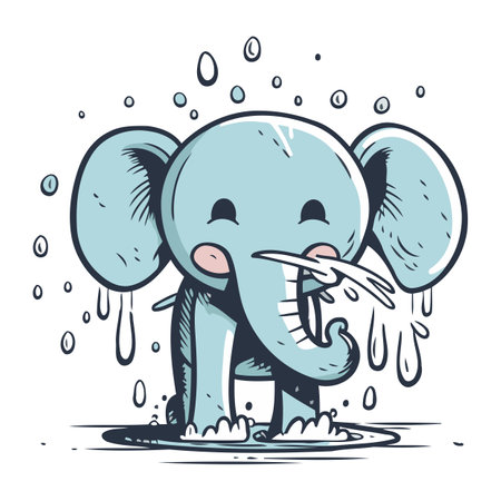 Cute cartoon elephant in rain. Vector illustration on white background.のイラスト素材
