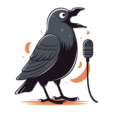 Crow singing into a microphone. Vector illustration in cartoon style.のイラスト素材