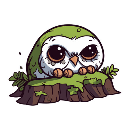 Cute cartoon owl sitting on a tree stump. Vector illustration.のイラスト素材