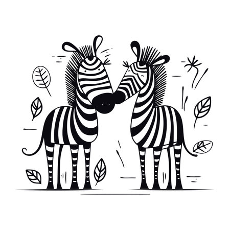 Zebra couple isolated on white background. Black and white vector illustration.のイラスト素材