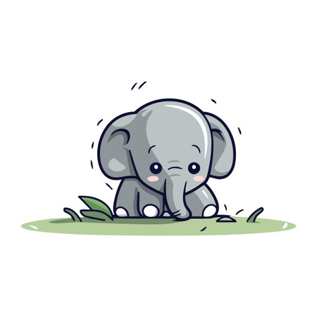 Cute baby elephant sitting on the grass. Vector illustration in cartoon style.のイラスト素材