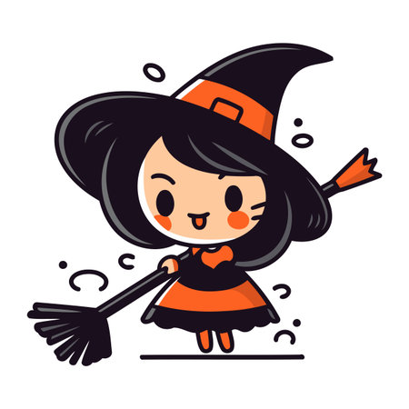 Cute cartoon witch with a broom. Vector illustration on white background.のイラスト素材