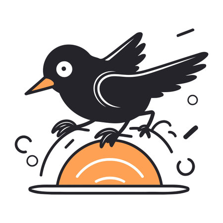 Cute black bird flying on the dome. Vector illustration in flat style.のイラスト素材