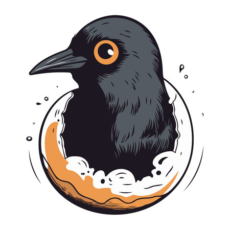 Hand drawn vector illustration of a blackbird sitting on a donutのイラスト素材