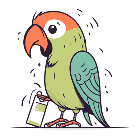 Cute parrot with a bag. Hand drawn vector illustration.のイラスト素材