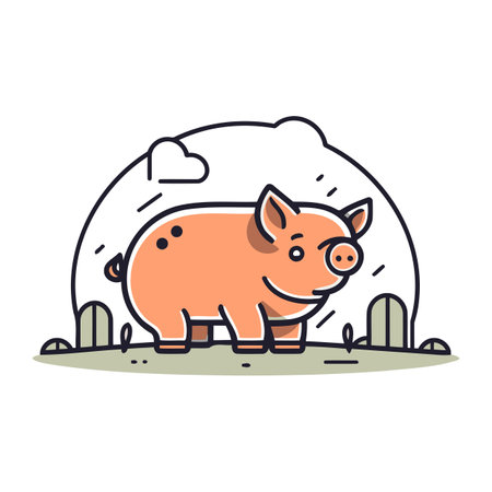 Vector illustration of a cute pig standing in the field. Farm animal.のイラスト素材